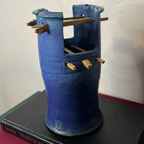 Handmade Blue Artisan Pottery Wooden Peg Flower Frog Utensil Holder Signed Vase - Picture 2 of 8